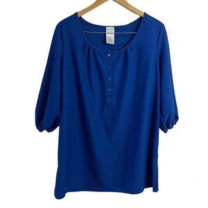 Roamans Royal Blue Blouse Textured Henley 3/4 Balloon Sleeves Pullover Office